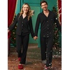 Ekouaer Matching Christmas Pajamas for Couples Long Sleeve Button Up PJ Set(Black)