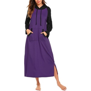 Ekouaer Nightgowns for Women Cotton Nightgown Long Sleeve Hooded Night Gown(Black/Purple)