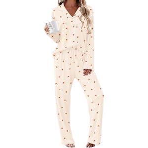 Ekouaer Womens Pajama Sets 2 Piece Long Sleeve Sleepwear Soft Button Up Pjs(Beige Cherry)