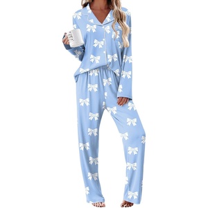 Ekouaer Womens Pajama Sets 2 Piece Long Sleeve Sleepwear Soft Button Up Pjs(Blue Bow)
