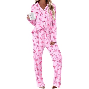 Ekouaer Womens Pajama Sets 2 Piece Long Sleeve Sleepwear Soft Button Up Pjs(Pink Bow)