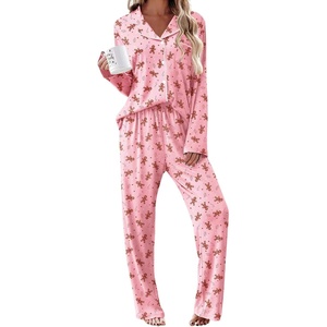 Ekouaer Womens Pajama Sets 2 Piece Long Sleeve Sleepwear Soft Button Up Pjs(Pink Gingerbread)
