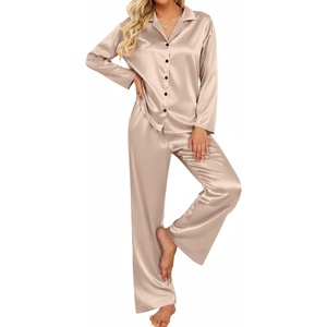 Ekouaer Women’s Satin Silk Pajamas Long Sleeve Button Up Pjs Lounge Sets(Champagne)
