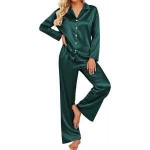 Ekouaer Women’s Satin Silk Pajamas Long Sleeve Button Up Pjs Lounge Sets(Dark Green)