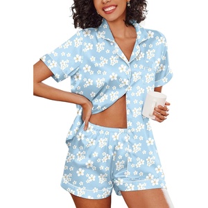 Ekouaer Women’s Silk Satin Pajama Set Short Sleeve Pjs Shorts Set S-XXL(Blue White Floral)