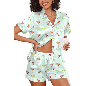 Ekouaer Women’s Silk Satin Pajama Set Short Sleeve Pjs Shorts Set S-XXL(Light Blue Wineglass)
