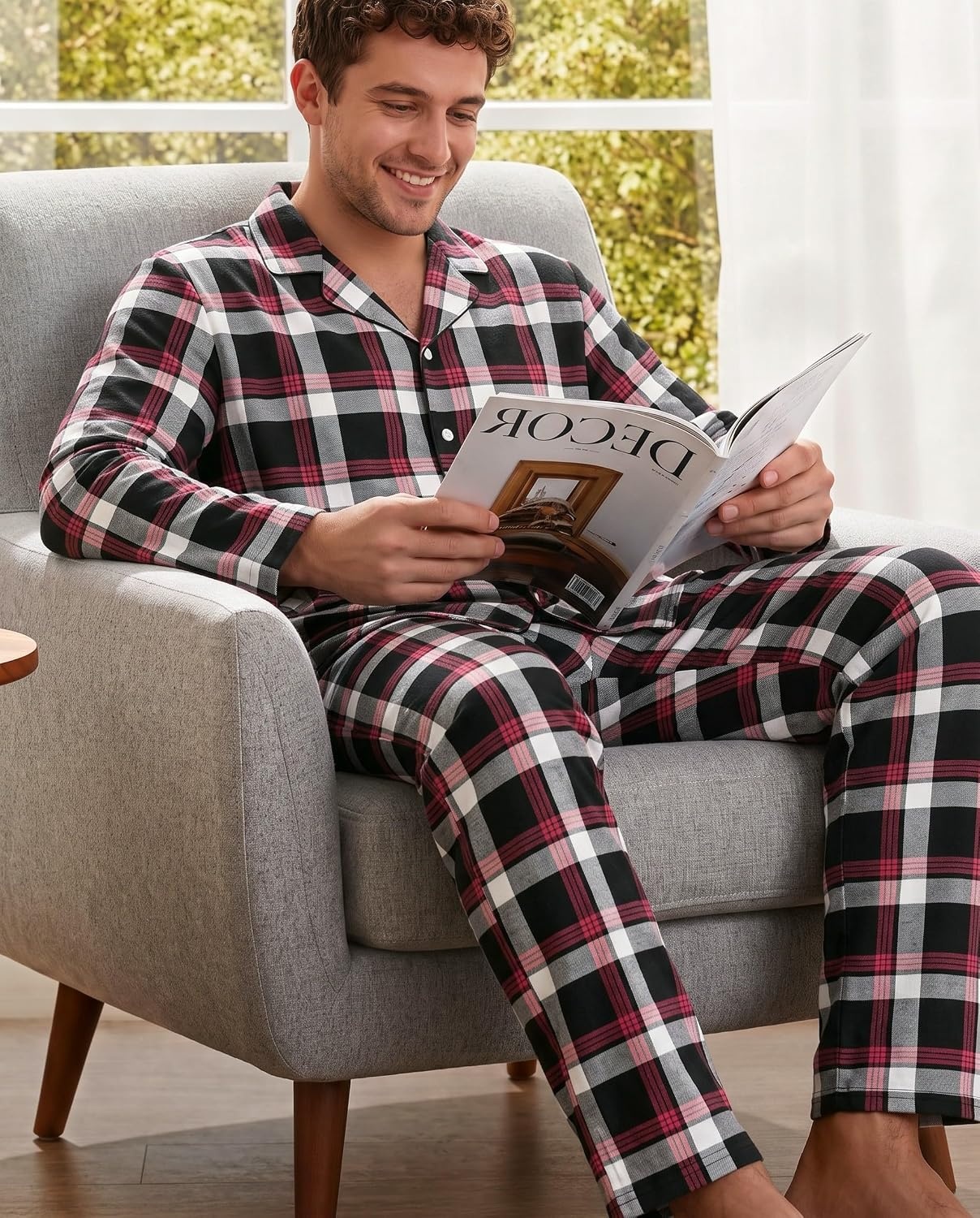 image:imageEkouaer Mens 100 Cotton Pajama Set Long Sleeve Button Down Sleepwear S3XLBlack Red White Plaid