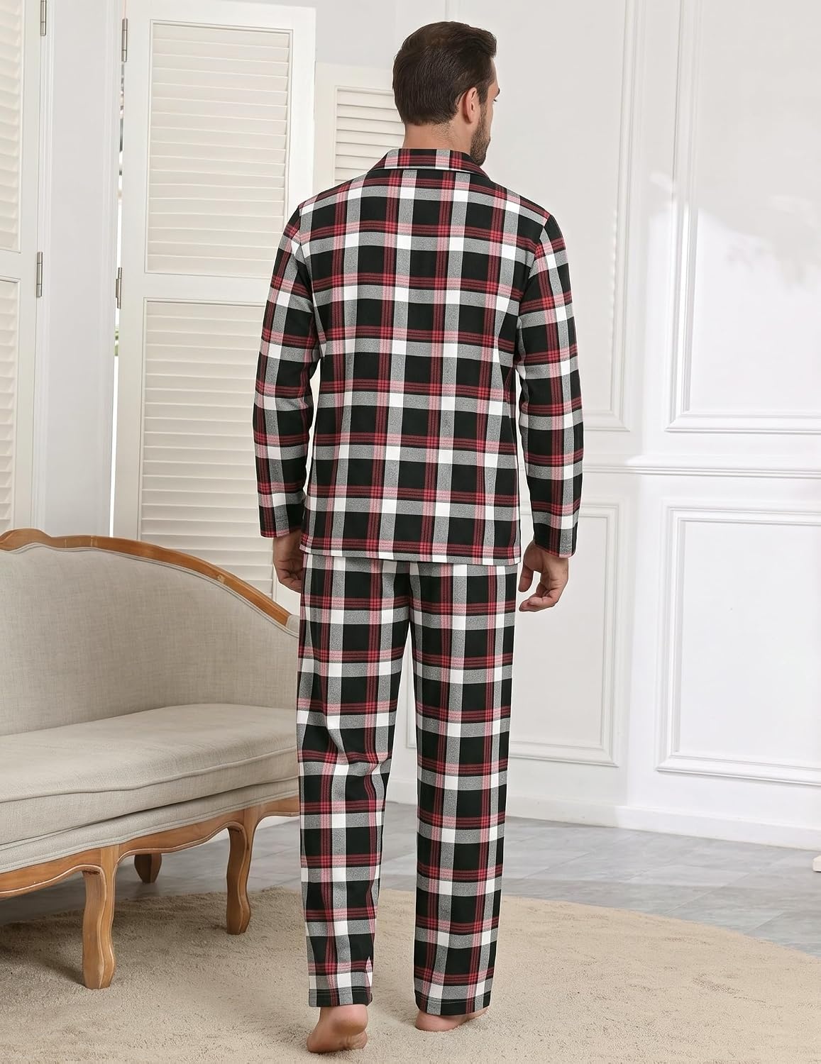 image:imageEkouaer Mens 100 Cotton Pajama Set Long Sleeve Button Down Sleepwear S3XLBlack Red White Plaid
