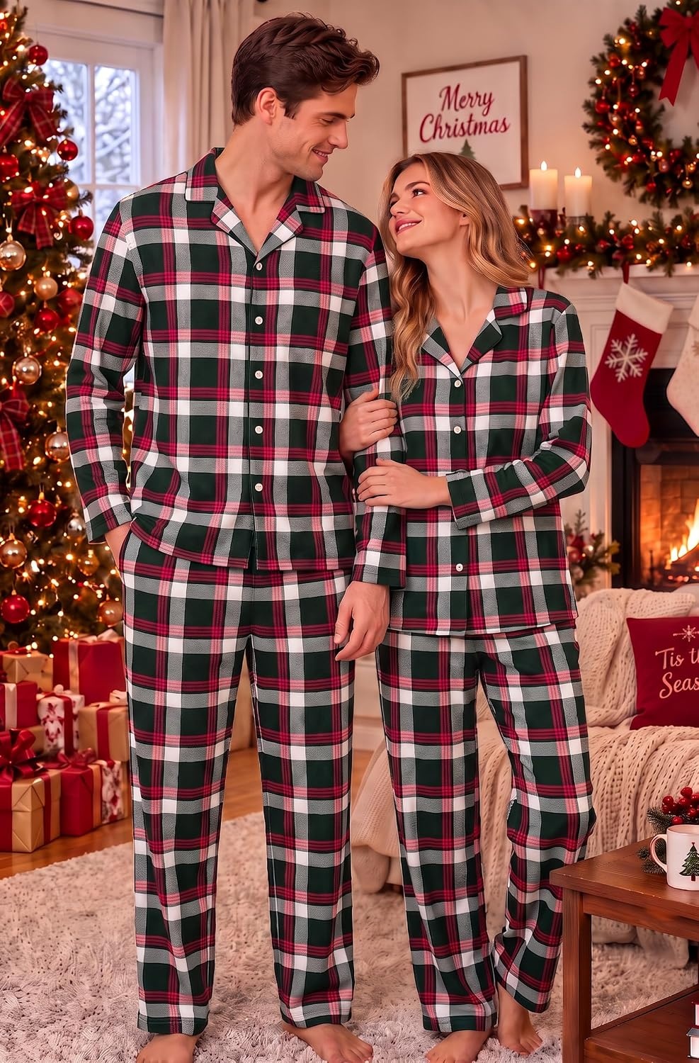 image:imageEkouaer Mens 100 Cotton Pajama Set Long Sleeve Button Down Sleepwear S3XLBlack Red White Plaid