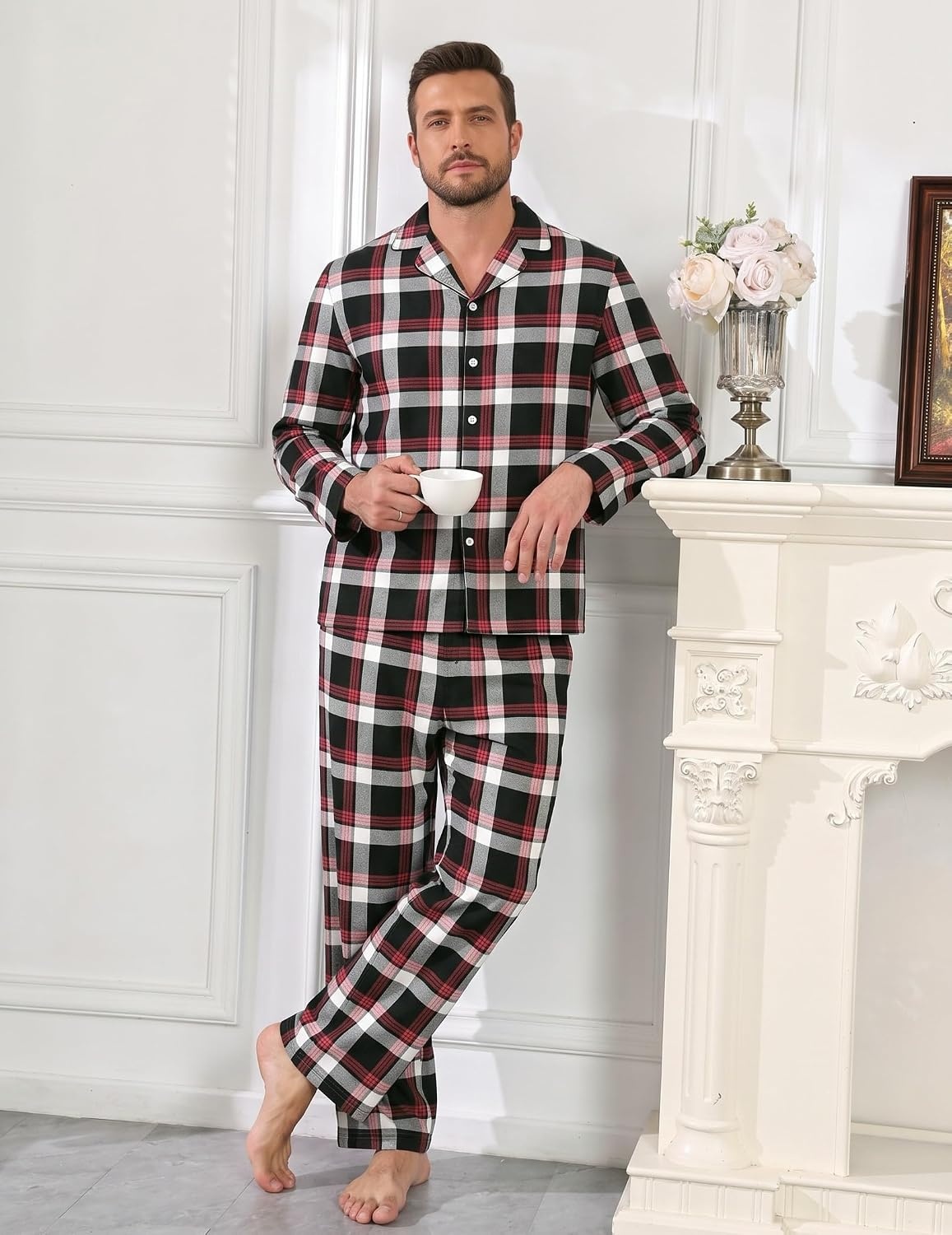 image:imageEkouaer Mens 100 Cotton Pajama Set Long Sleeve Button Down Sleepwear S3XLBlack Red White Plaid