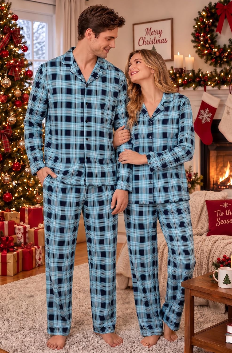 image:imageEkouaer Mens 100 Cotton Pajama Set Long Sleeve Button Down Sleepwear S3XLBlue Black Plaid