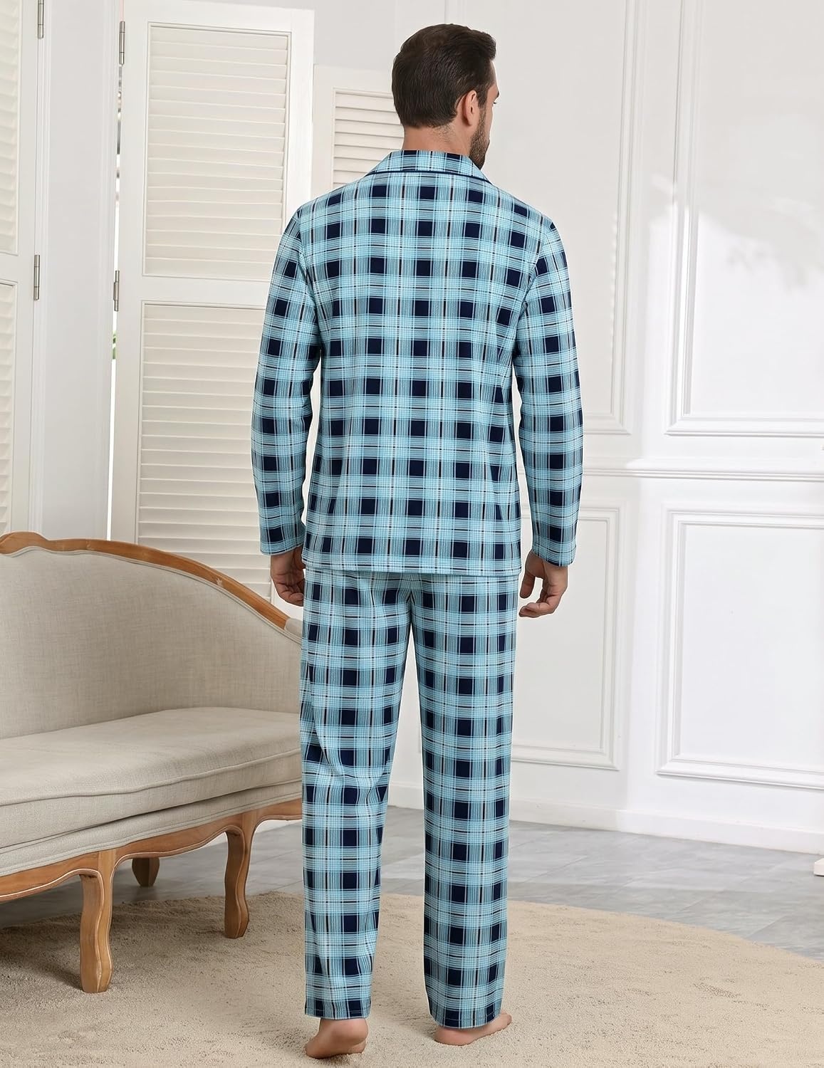image:imageEkouaer Mens 100 Cotton Pajama Set Long Sleeve Button Down Sleepwear S3XLBlue Black Plaid