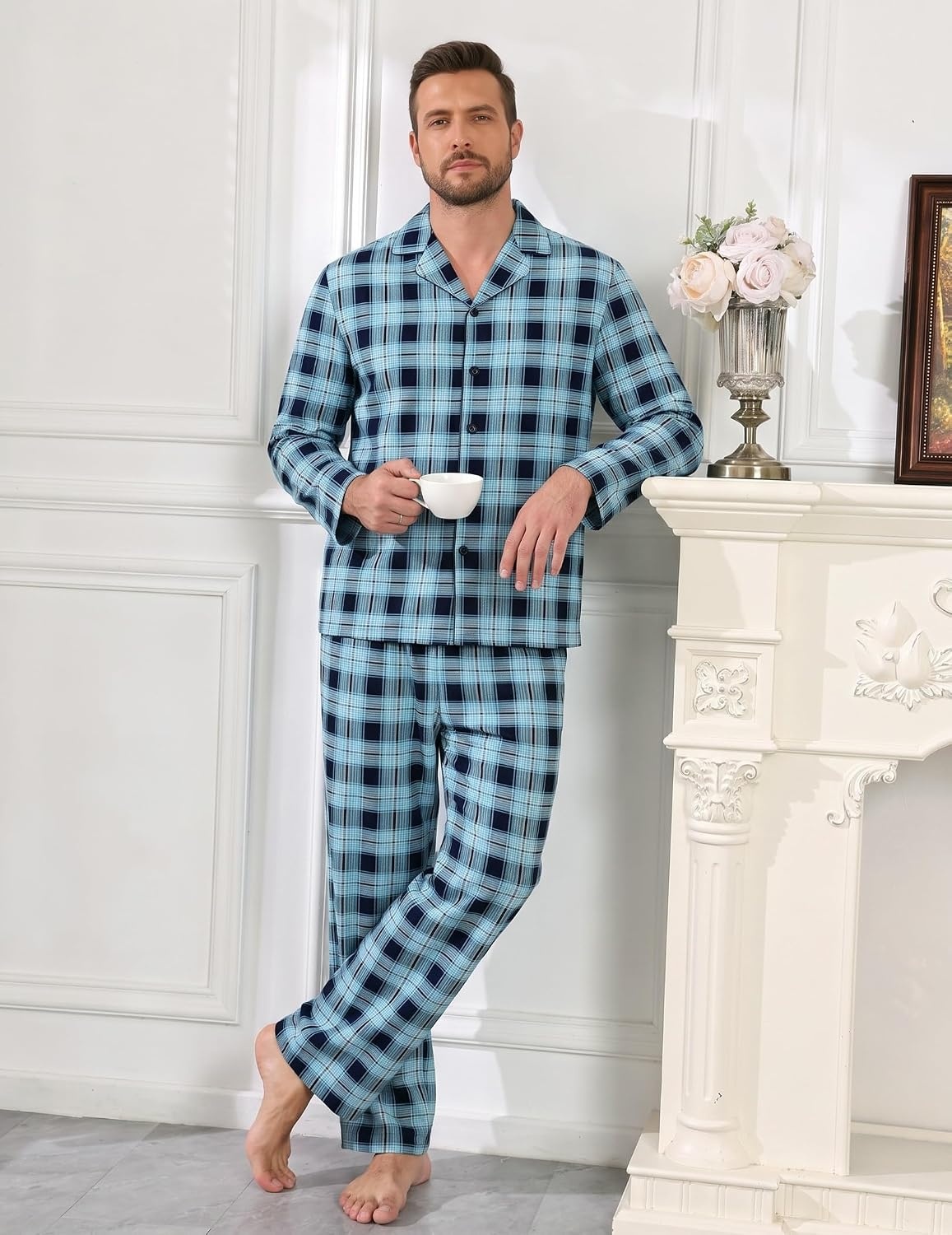 image:imageEkouaer Mens 100 Cotton Pajama Set Long Sleeve Button Down Sleepwear S3XLBlue Black Plaid