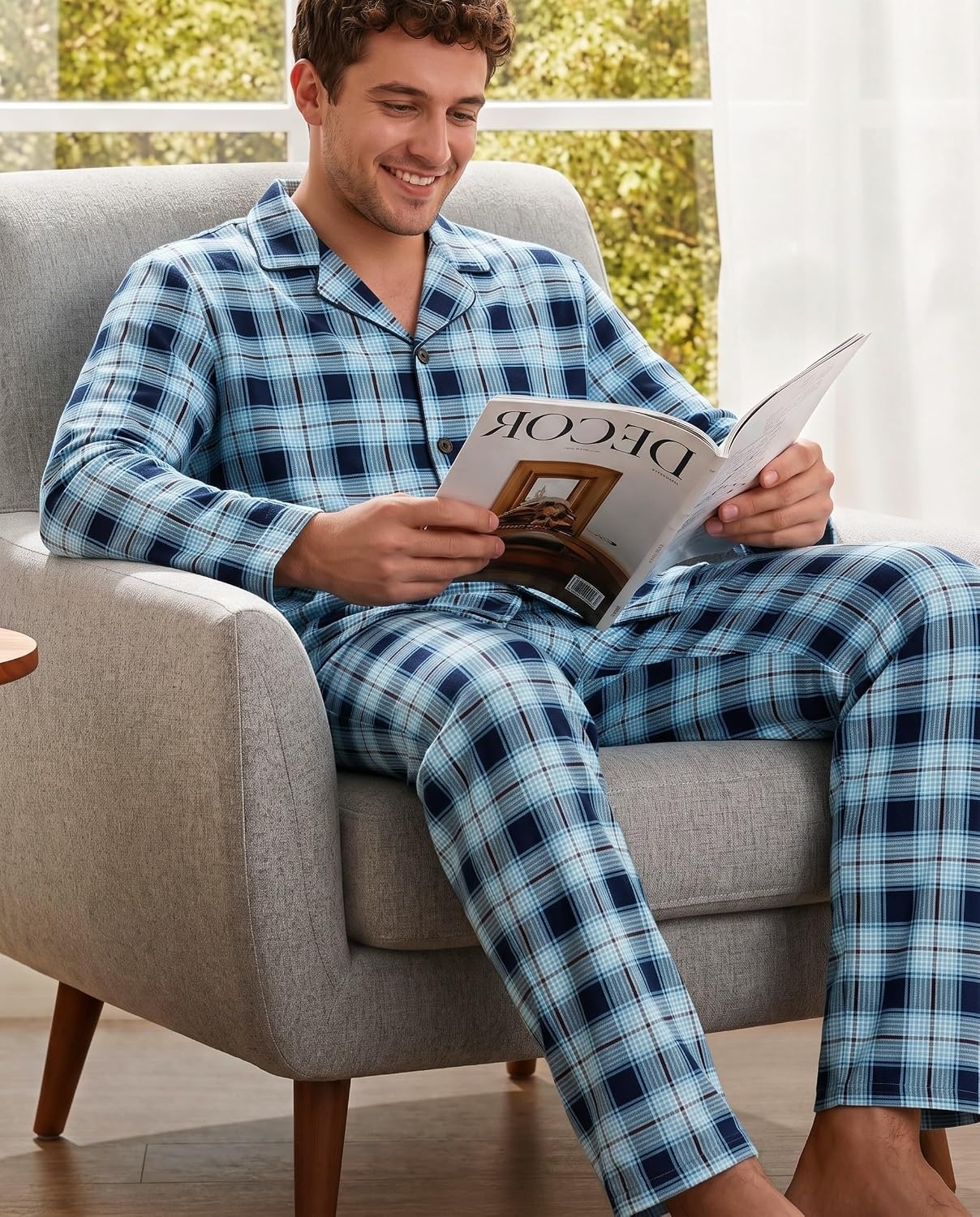 image:imageEkouaer Mens 100 Cotton Pajama Set Long Sleeve Button Down Sleepwear S3XLBlue Black Plaid