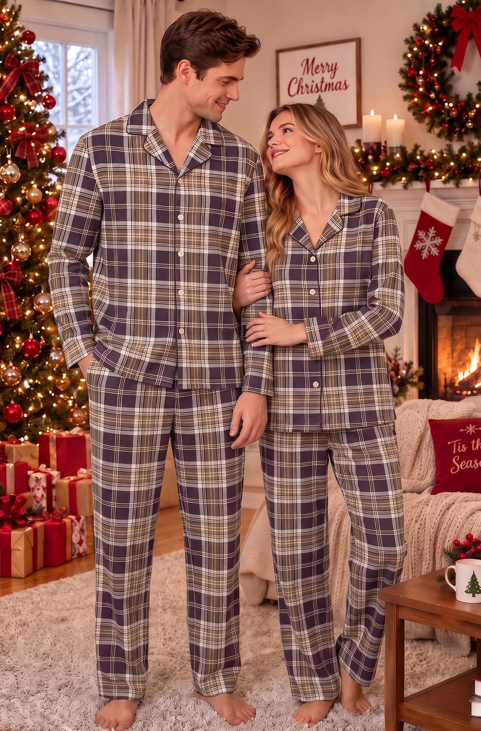 image:imageEkouaer Mens 100 Cotton Pajama Set Long Sleeve Button Down Sleepwear S3XLBrown Plaid