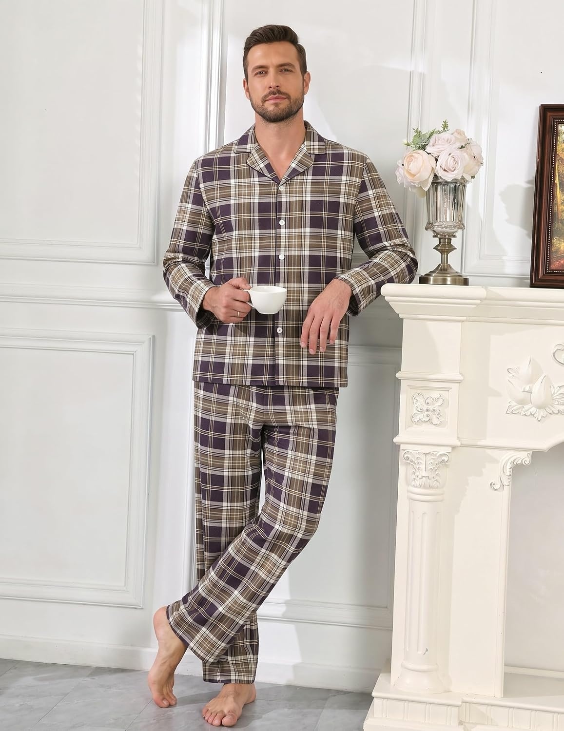 image:imageEkouaer Mens 100 Cotton Pajama Set Long Sleeve Button Down Sleepwear S3XLBrown Plaid