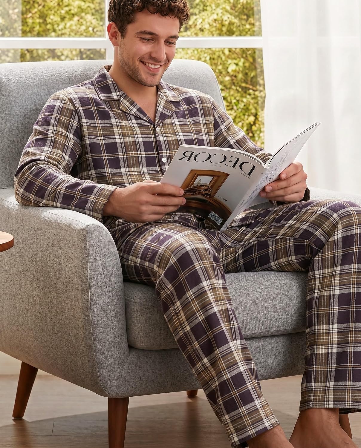 image:imageEkouaer Mens 100 Cotton Pajama Set Long Sleeve Button Down Sleepwear S3XLBrown Plaid