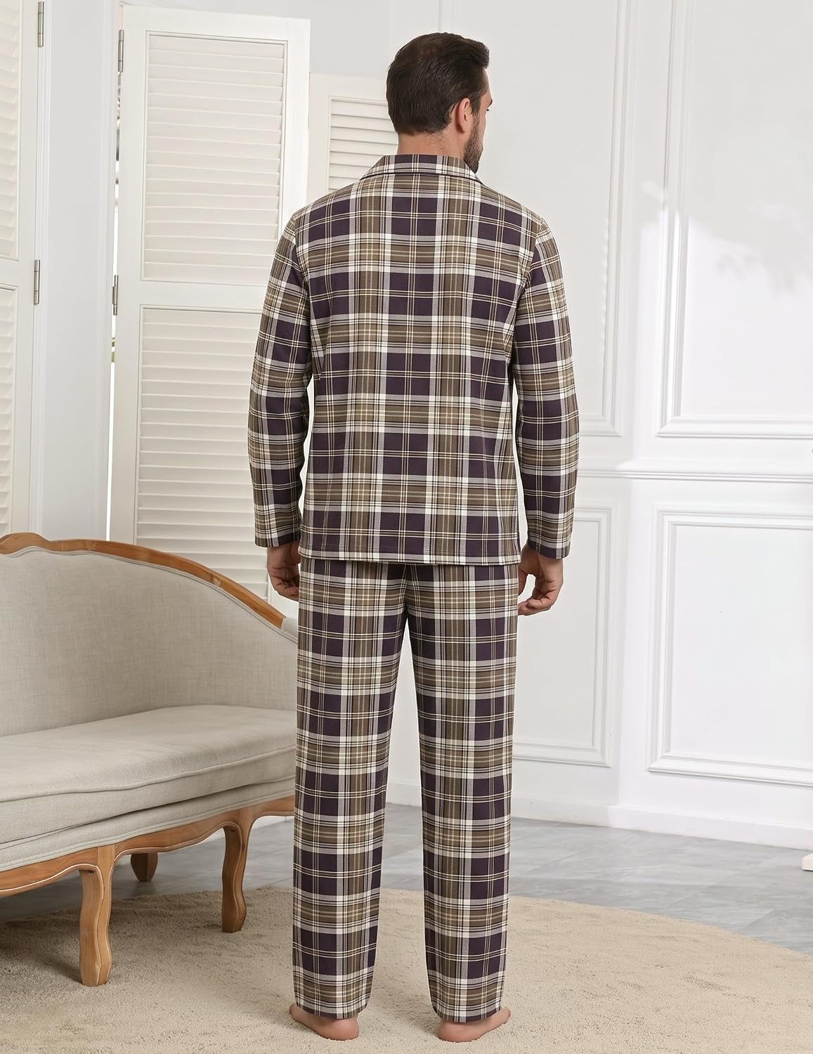 image:imageEkouaer Mens 100 Cotton Pajama Set Long Sleeve Button Down Sleepwear S3XLBrown Plaid