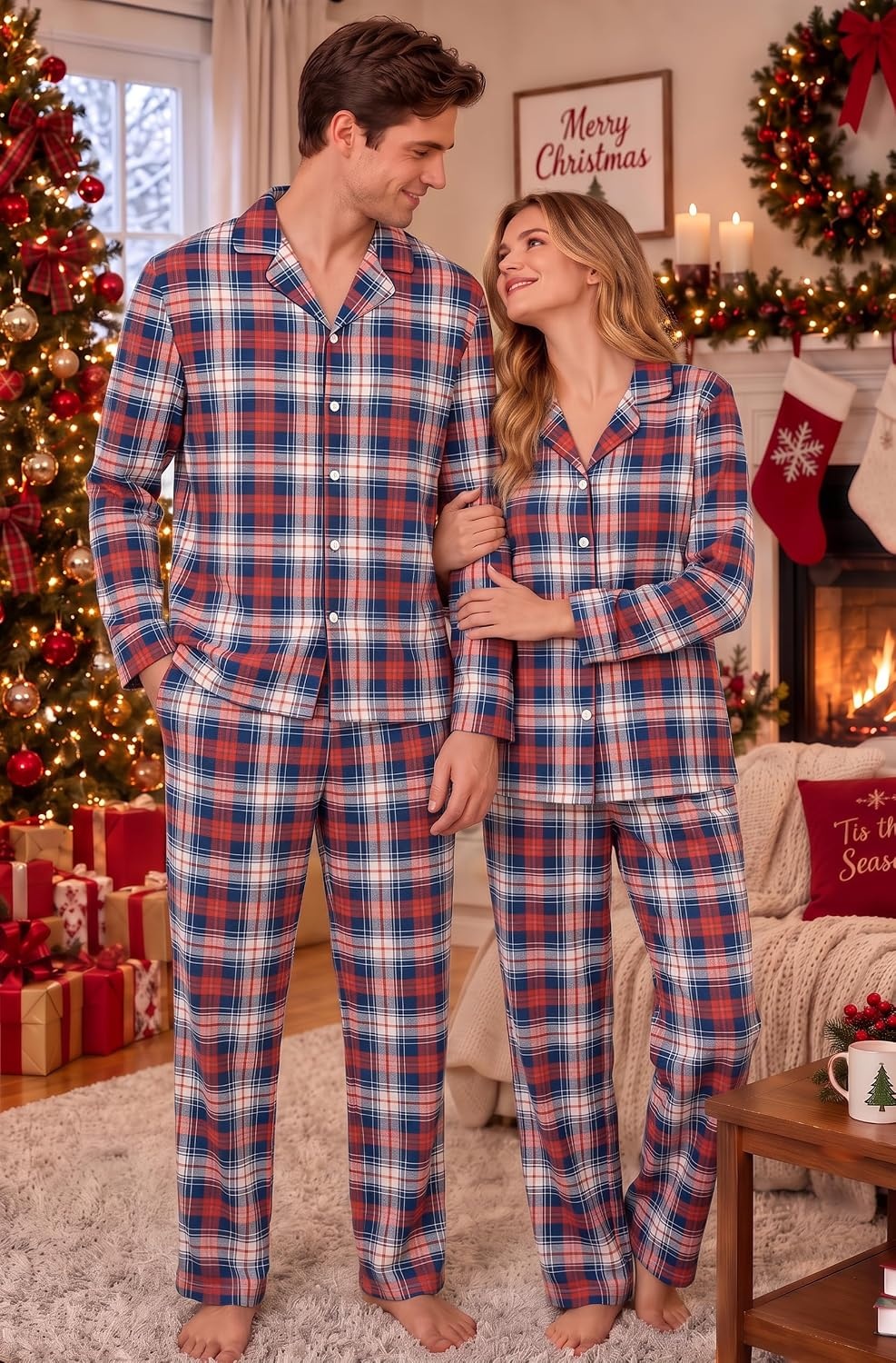 image:imageEkouaer Mens 100 Cotton Pajama Set Long Sleeve Button Down Sleepwear S3XLRed Navy Plaid