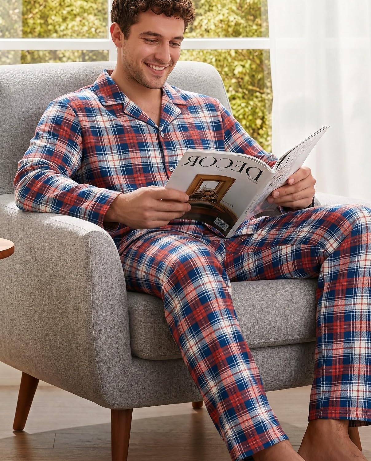 image:imageEkouaer Mens 100 Cotton Pajama Set Long Sleeve Button Down Sleepwear S3XLRed Navy Plaid