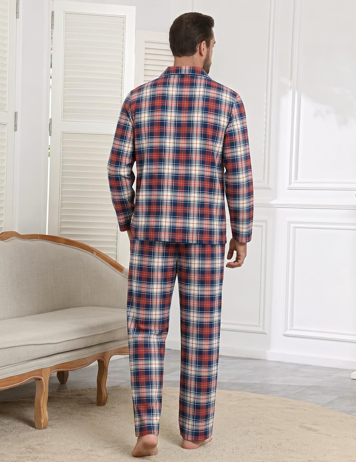 image:imageEkouaer Mens 100 Cotton Pajama Set Long Sleeve Button Down Sleepwear S3XLRed Navy Plaid