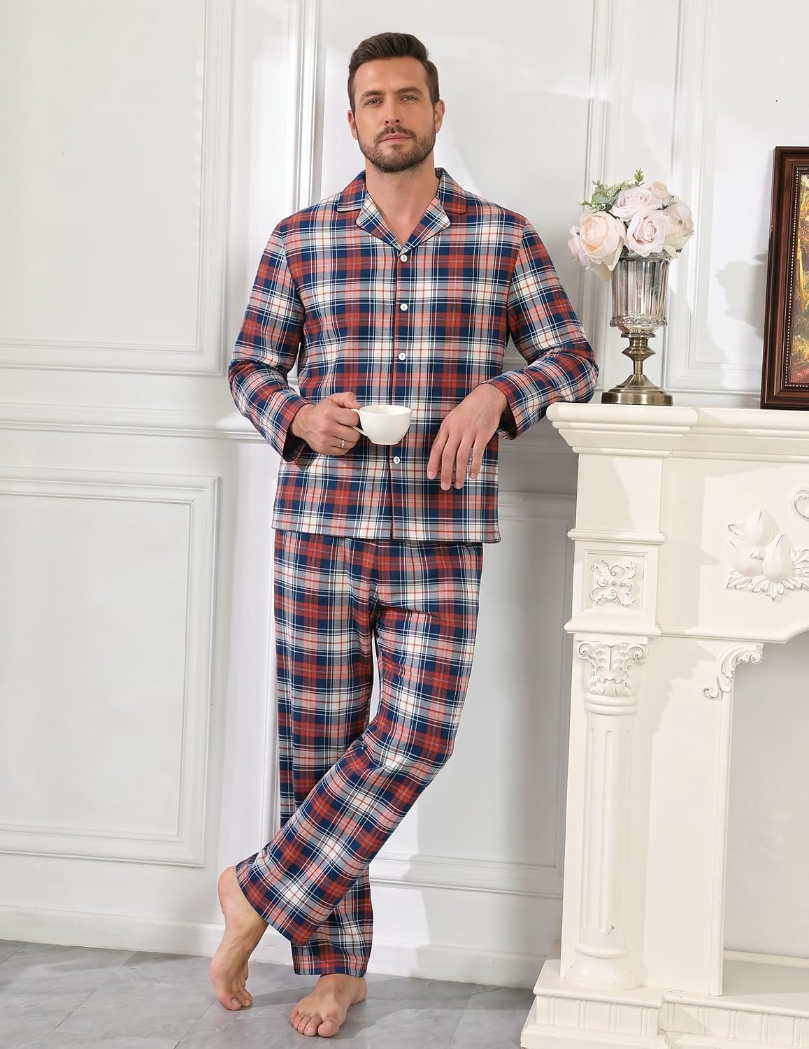 image:imageEkouaer Mens 100 Cotton Pajama Set Long Sleeve Button Down Sleepwear S3XLRed Navy Plaid