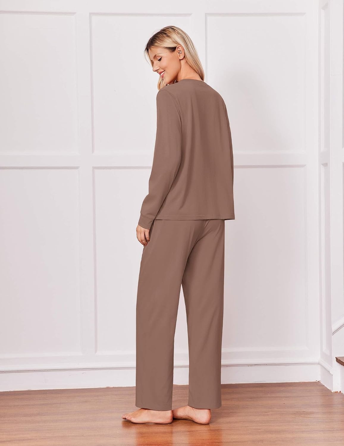 image:imageEkouaer Pajamas for Women Set Cotton Long Sleeve Pjs 2 Piece Lounge SetsBrown