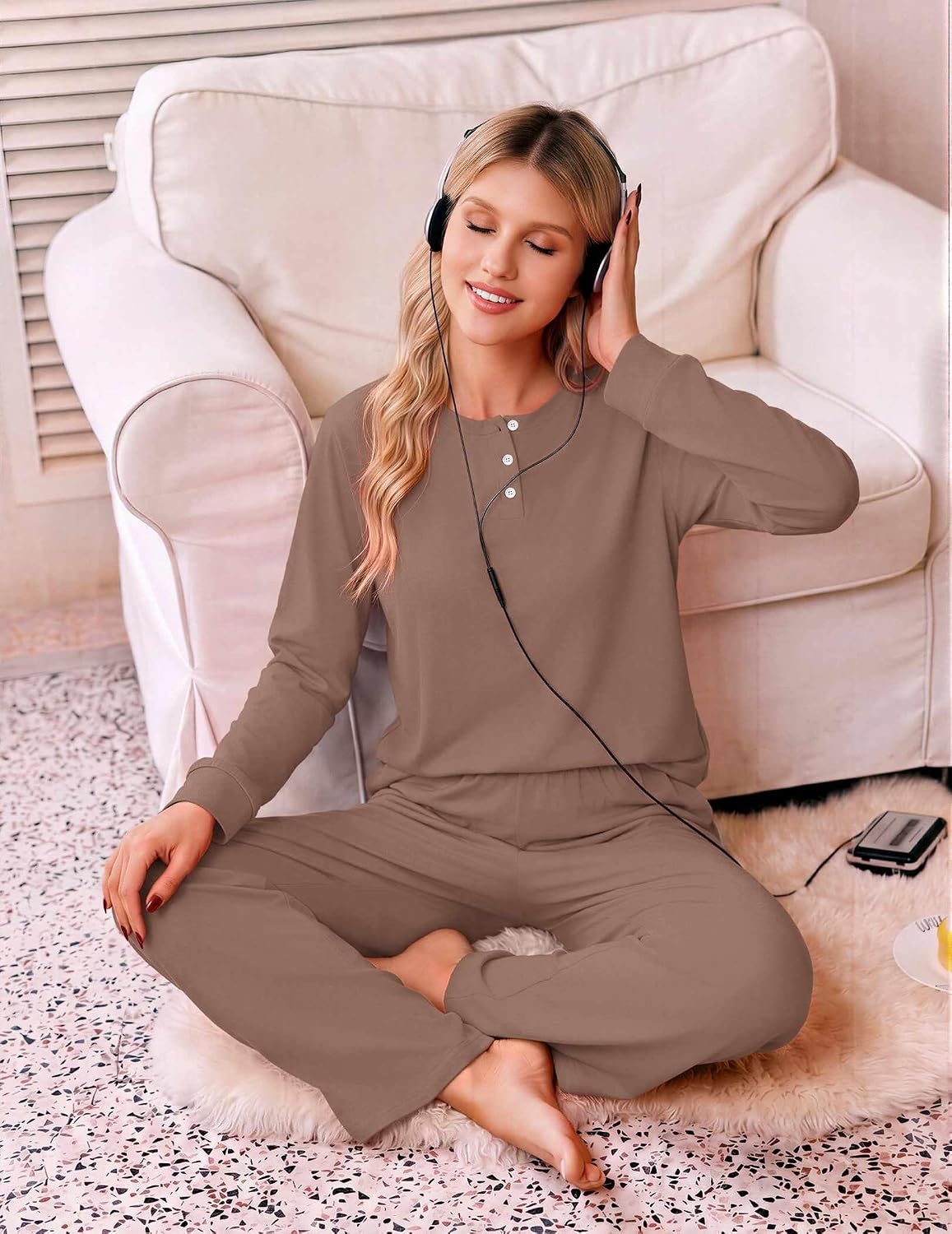 image:imageEkouaer Pajamas for Women Set Cotton Long Sleeve Pjs 2 Piece Lounge SetsBrown