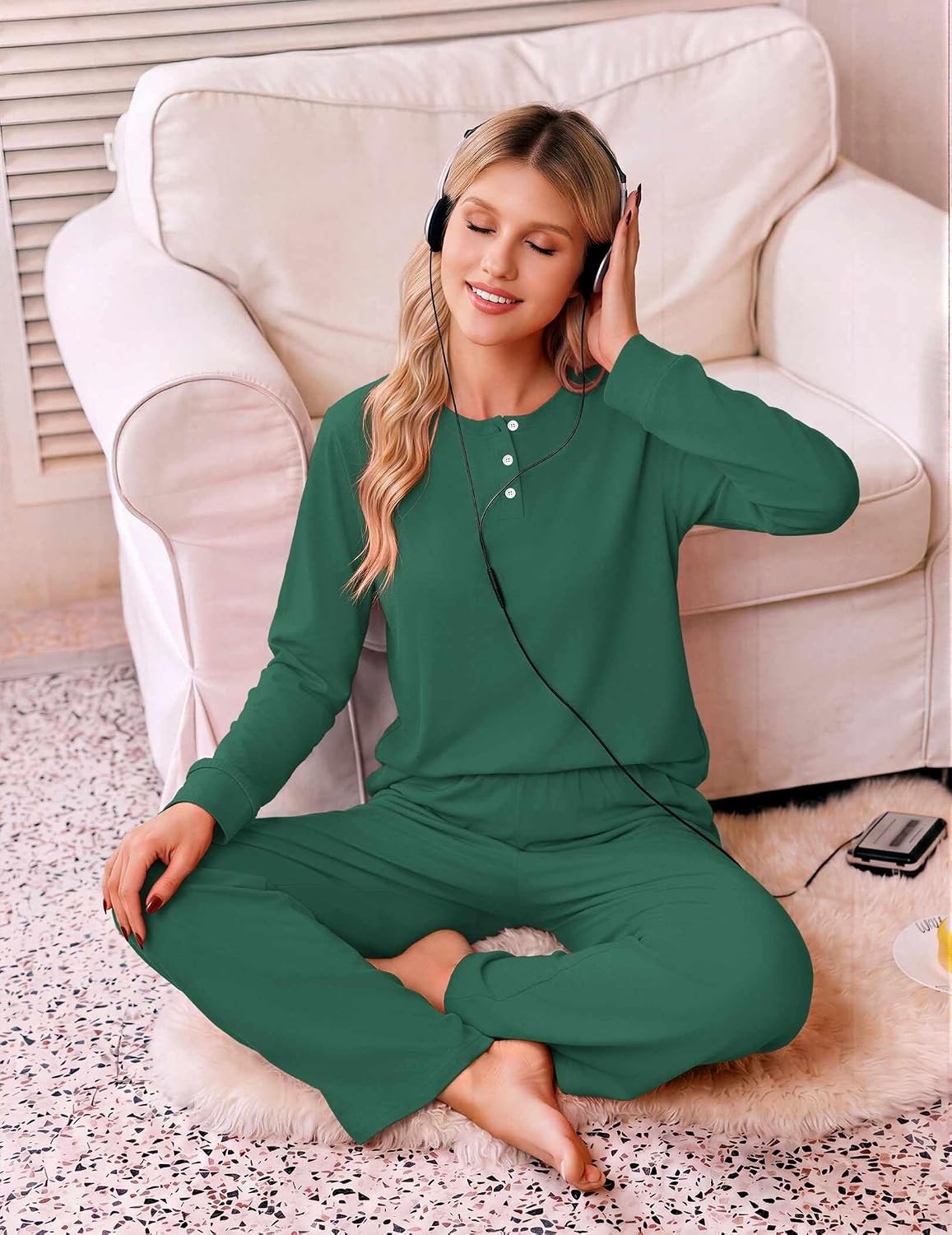image:imageEkouaer Pajamas for Women Set Cotton Long Sleeve Pjs 2 Piece Lounge SetsGreen