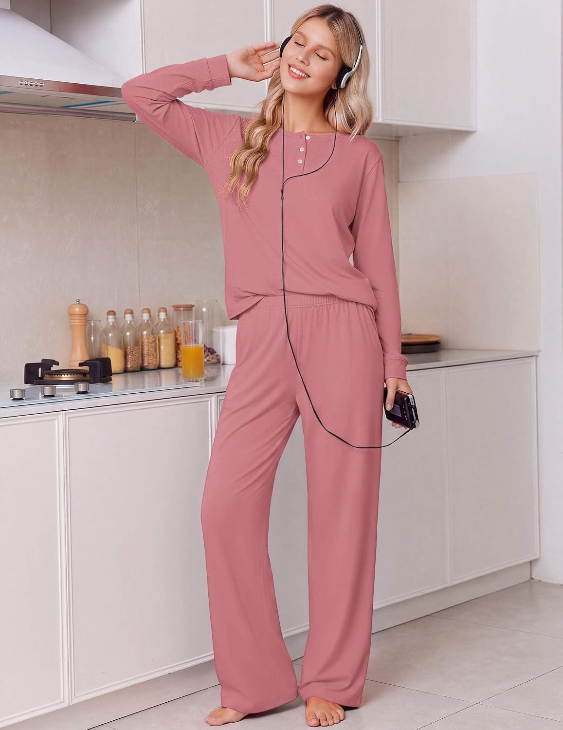 image:imageEkouaer Pajamas for Women Set Cotton Long Sleeve Pjs 2 Piece Lounge SetsGrey Purple