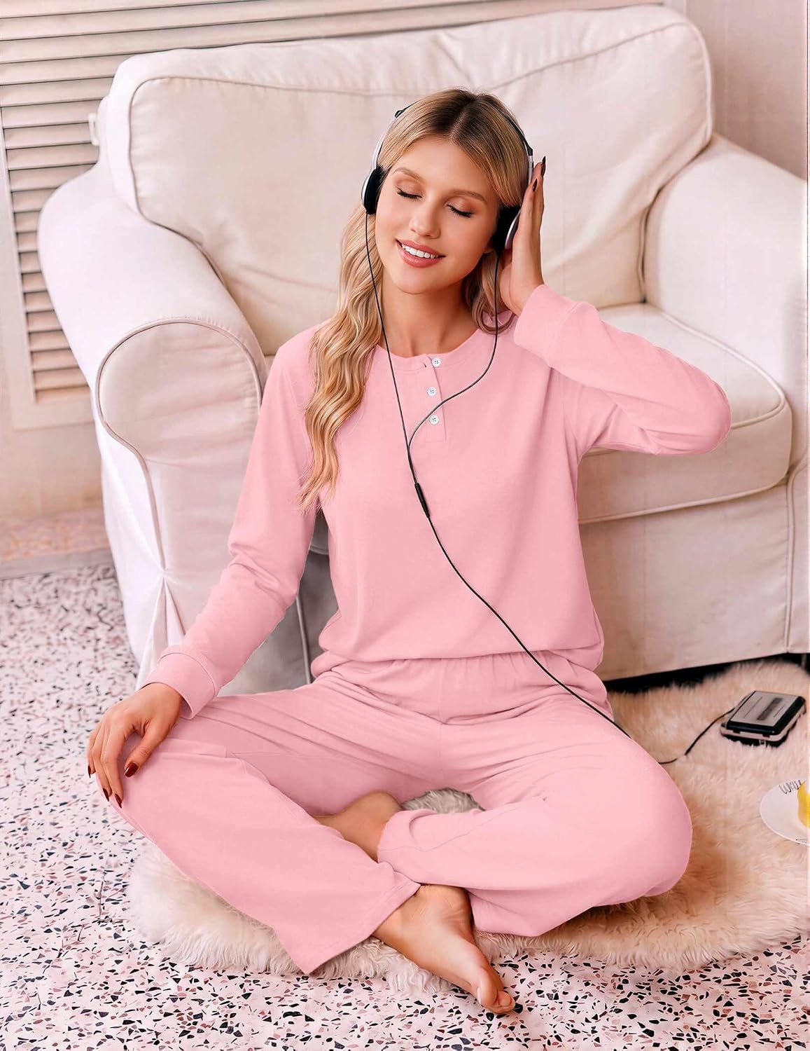 image:imageEkouaer Pajamas for Women Set Cotton Long Sleeve Pjs 2 Piece Lounge SetsPink