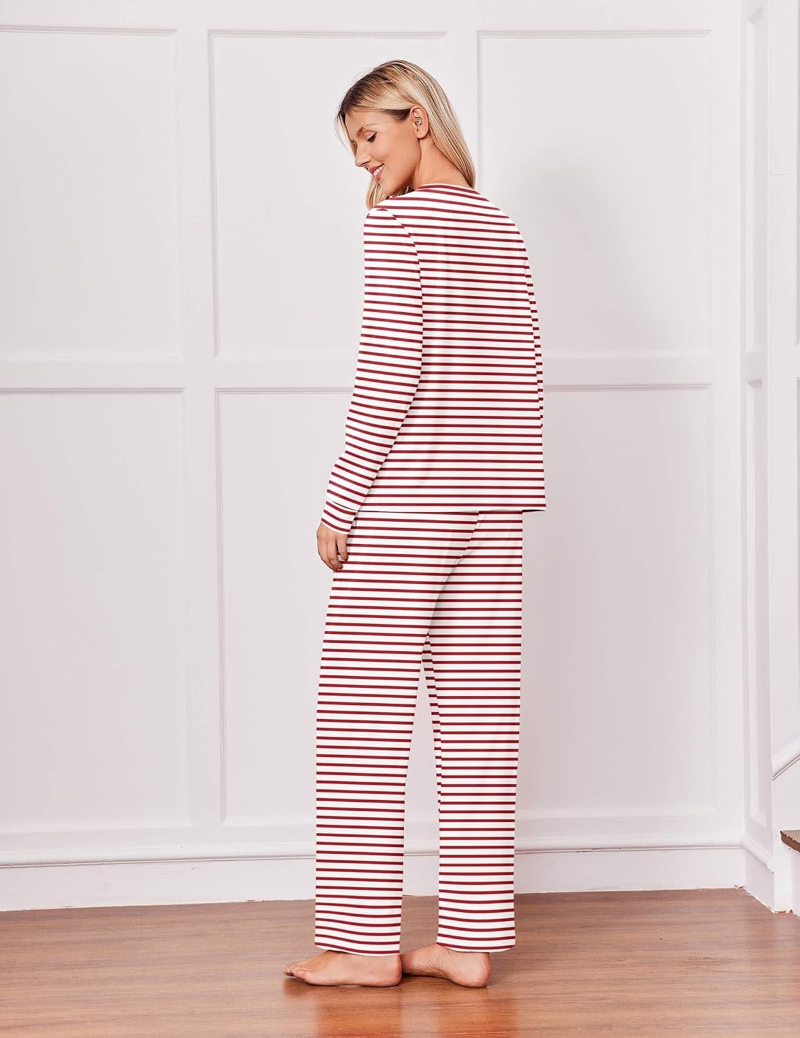 image:imageEkouaer Pajamas for Women Set Cotton Long Sleeve Pjs 2 Piece Lounge SetsRed Striped