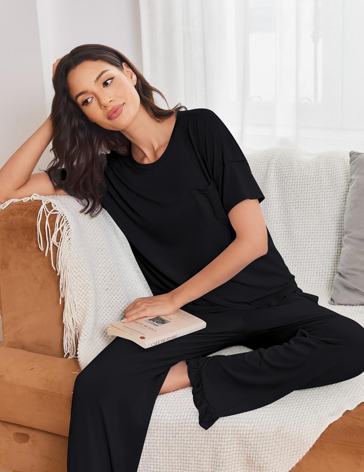 image:imageEkouaer Womens Pajama Set Bamboo Viscose Pj Short Sleeve 2 Piece Lounge SetBlack