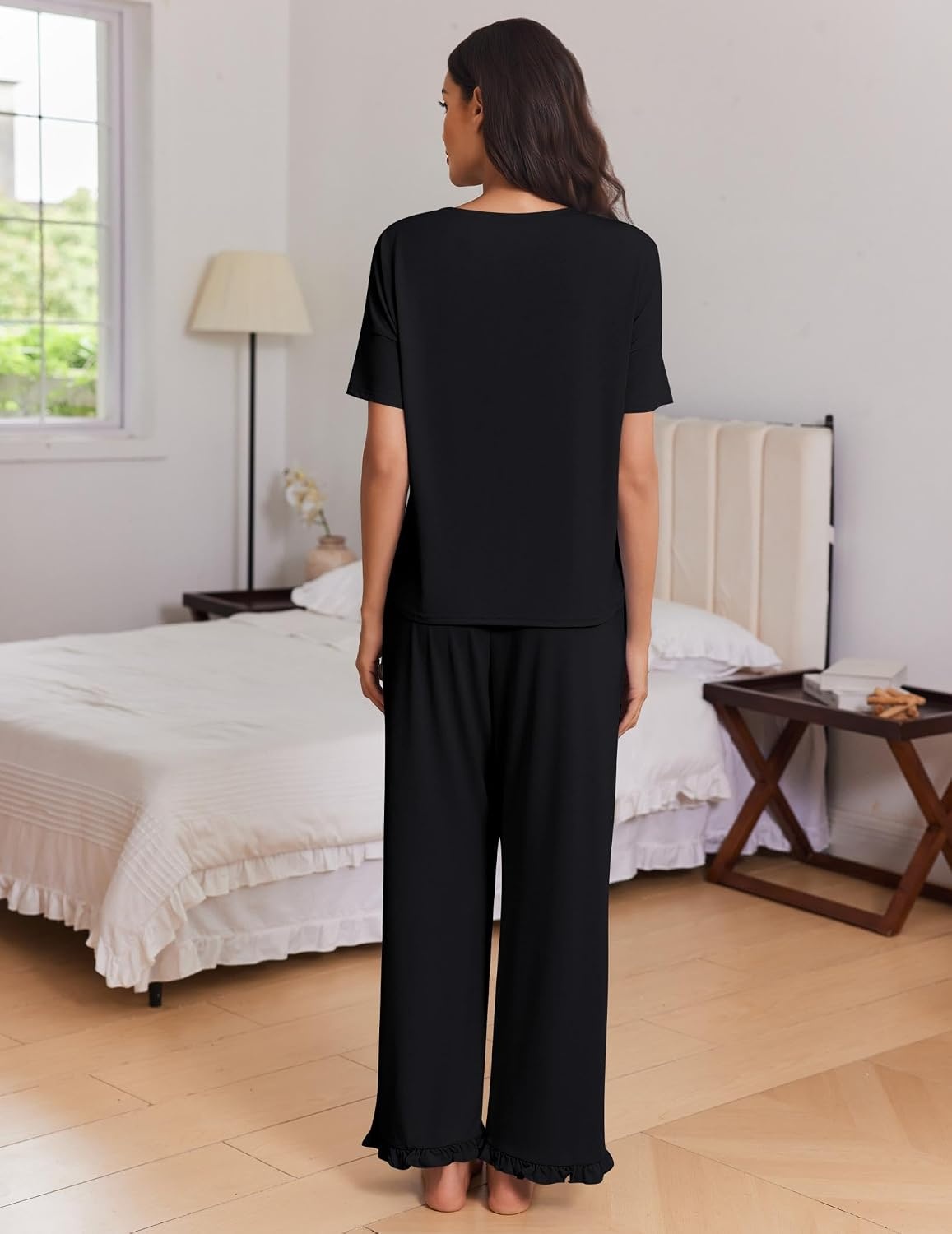image:imageEkouaer Womens Pajama Set Bamboo Viscose Pj Short Sleeve 2 Piece Lounge SetBlack