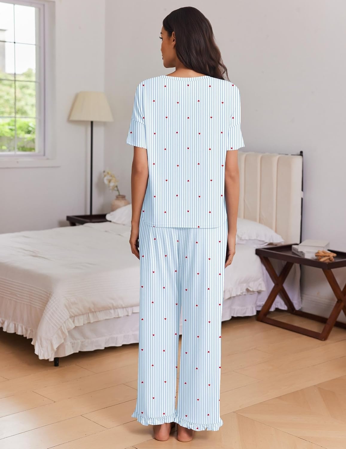 image:imageEkouaer Womens Pajama Set Bamboo Viscose Pj Short Sleeve 2 Piece Lounge SetBlue Stripe