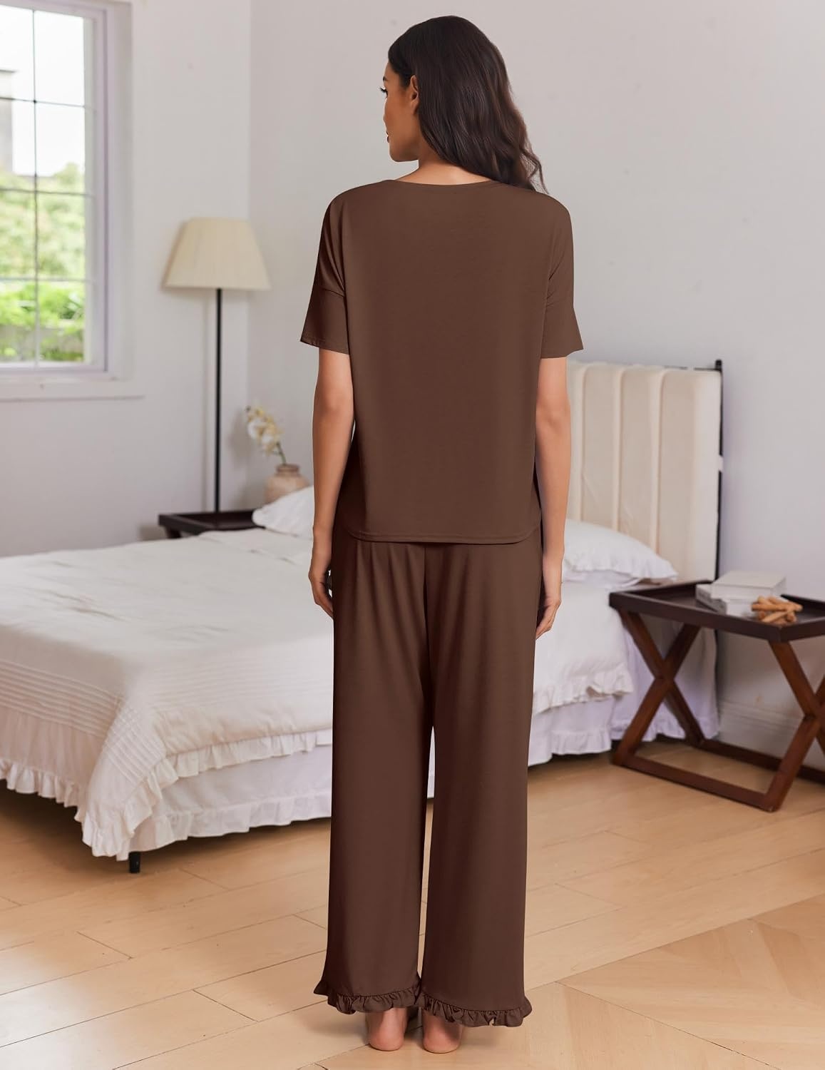 image:imageEkouaer Womens Pajama Set Bamboo Viscose Pj Short Sleeve 2 Piece Lounge SetBrown