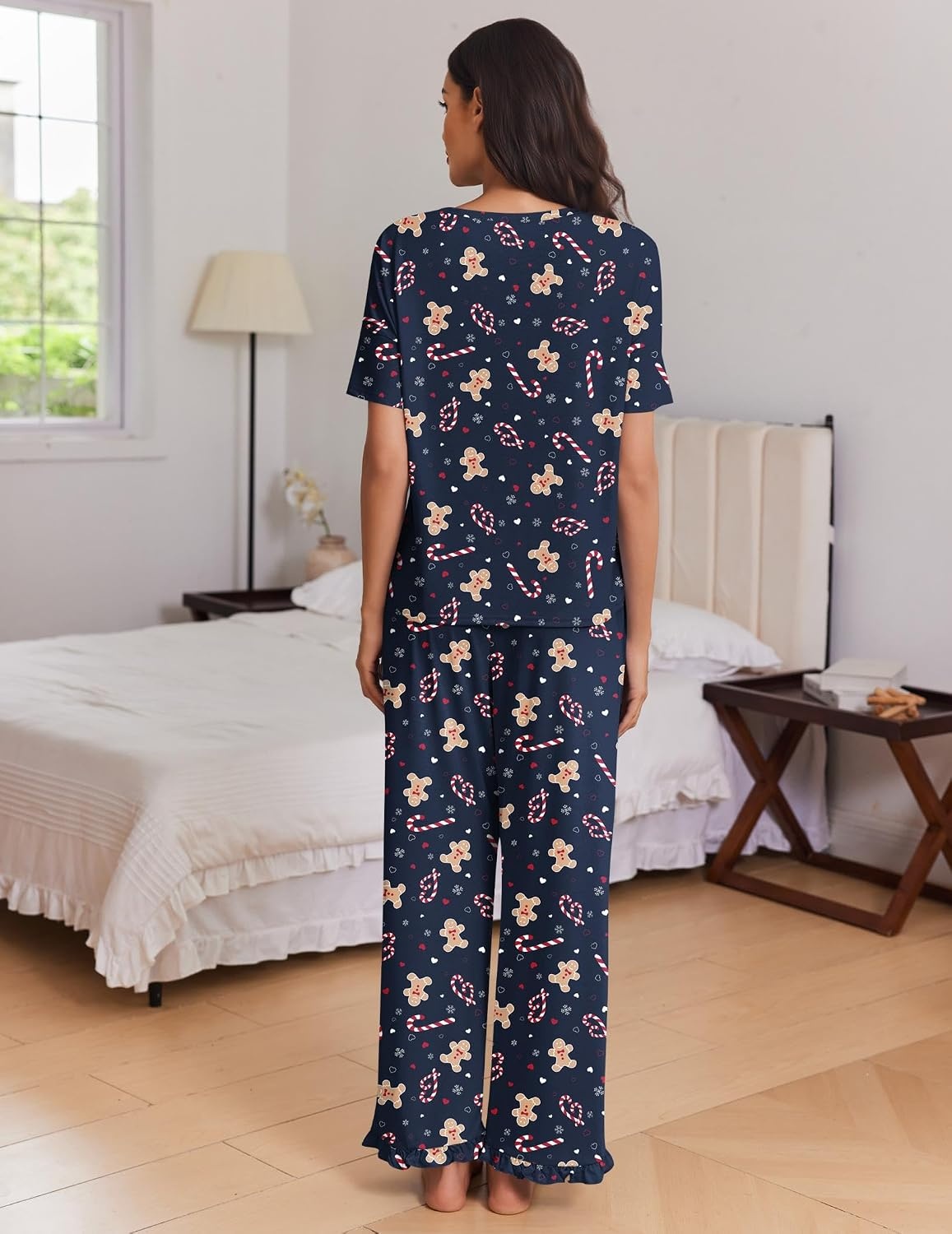 image:imageEkouaer Womens Pajama Set Bamboo Viscose Pj Short Sleeve 2 Piece Lounge SetChristmas Candy Gingerbread
