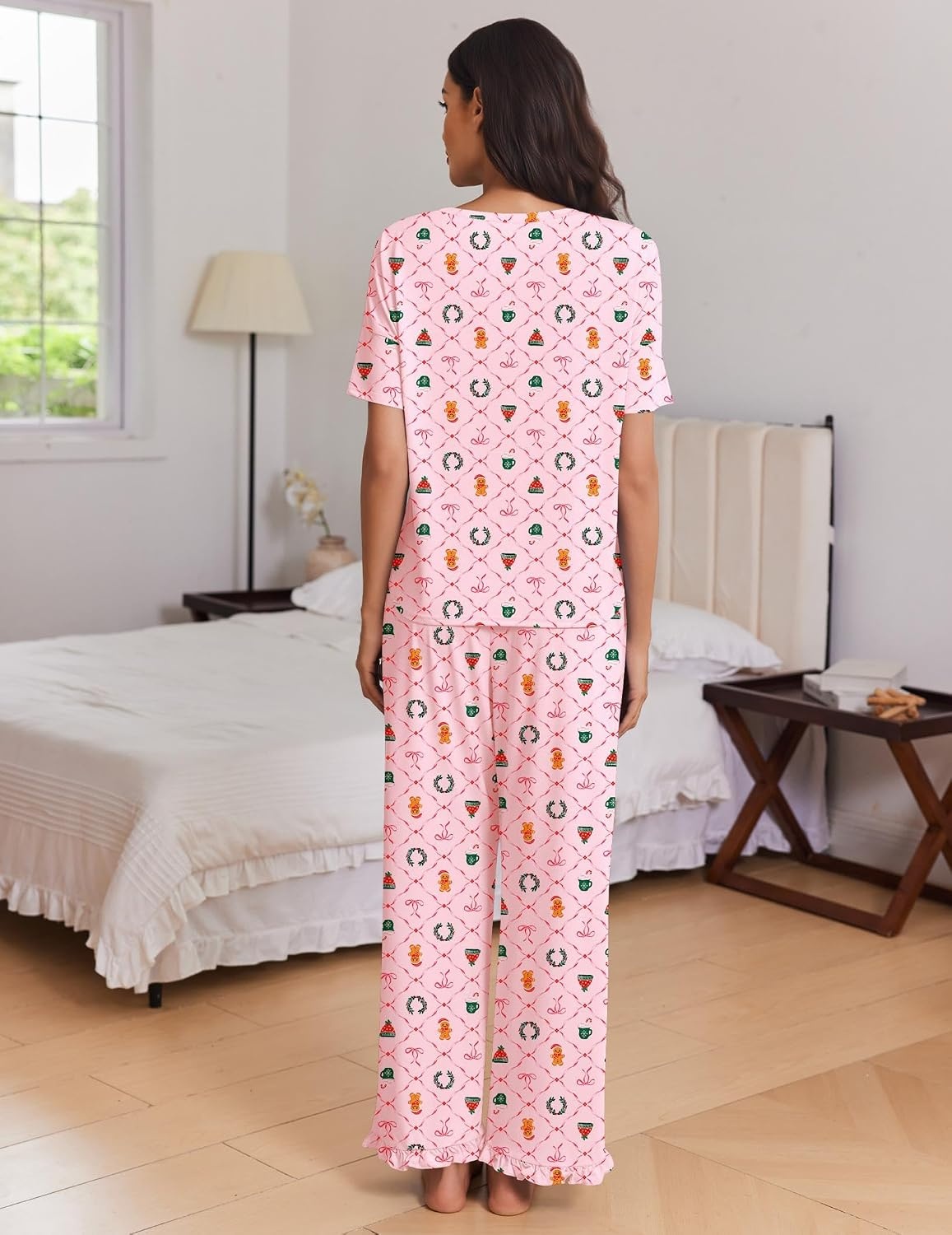 image:imageEkouaer Womens Pajama Set Bamboo Viscose Pj Short Sleeve 2 Piece Lounge SetChristmas Pink Holiday
