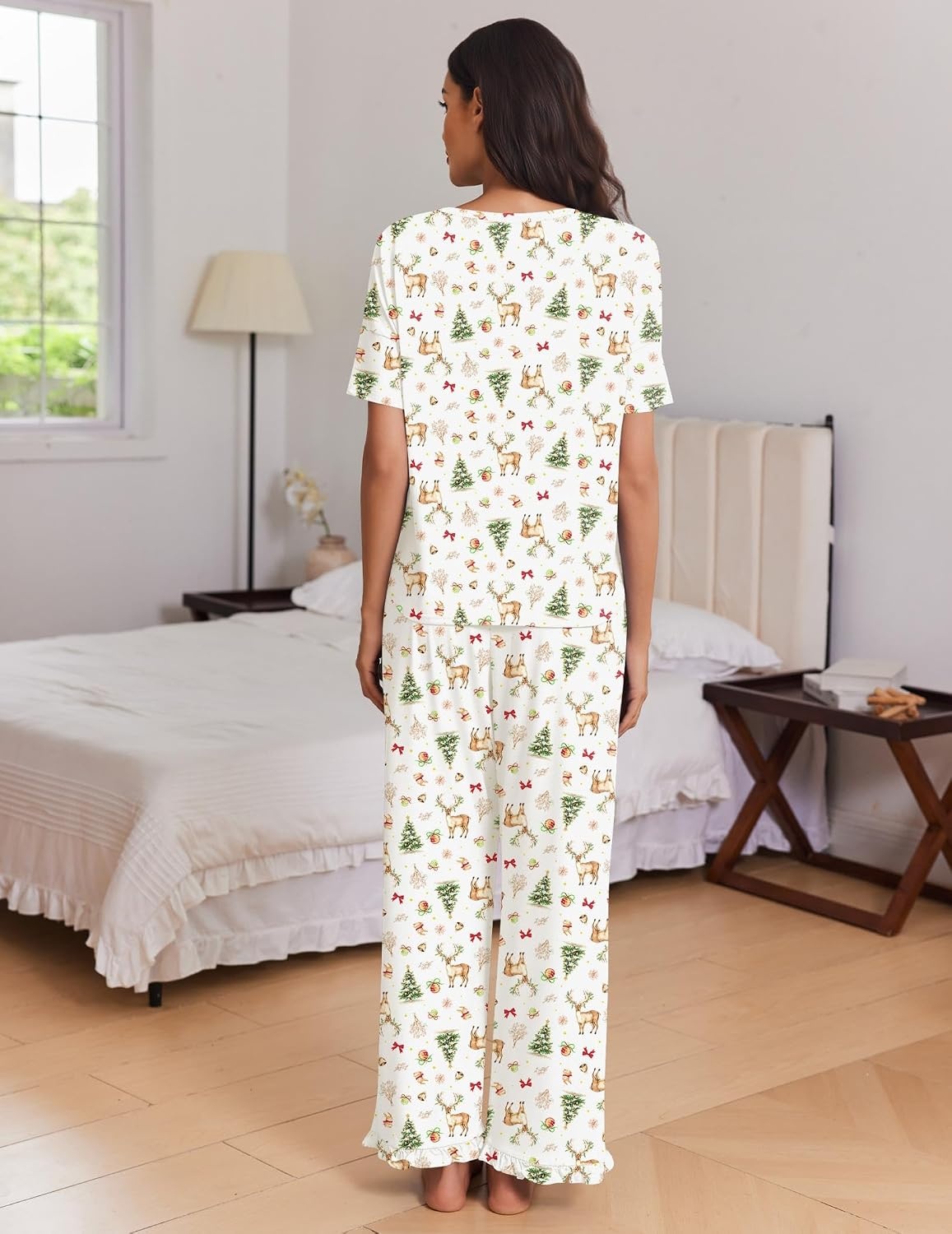 image:imageEkouaer Womens Pajama Set Bamboo Viscose Pj Short Sleeve 2 Piece Lounge SetChristmas White Reindeer