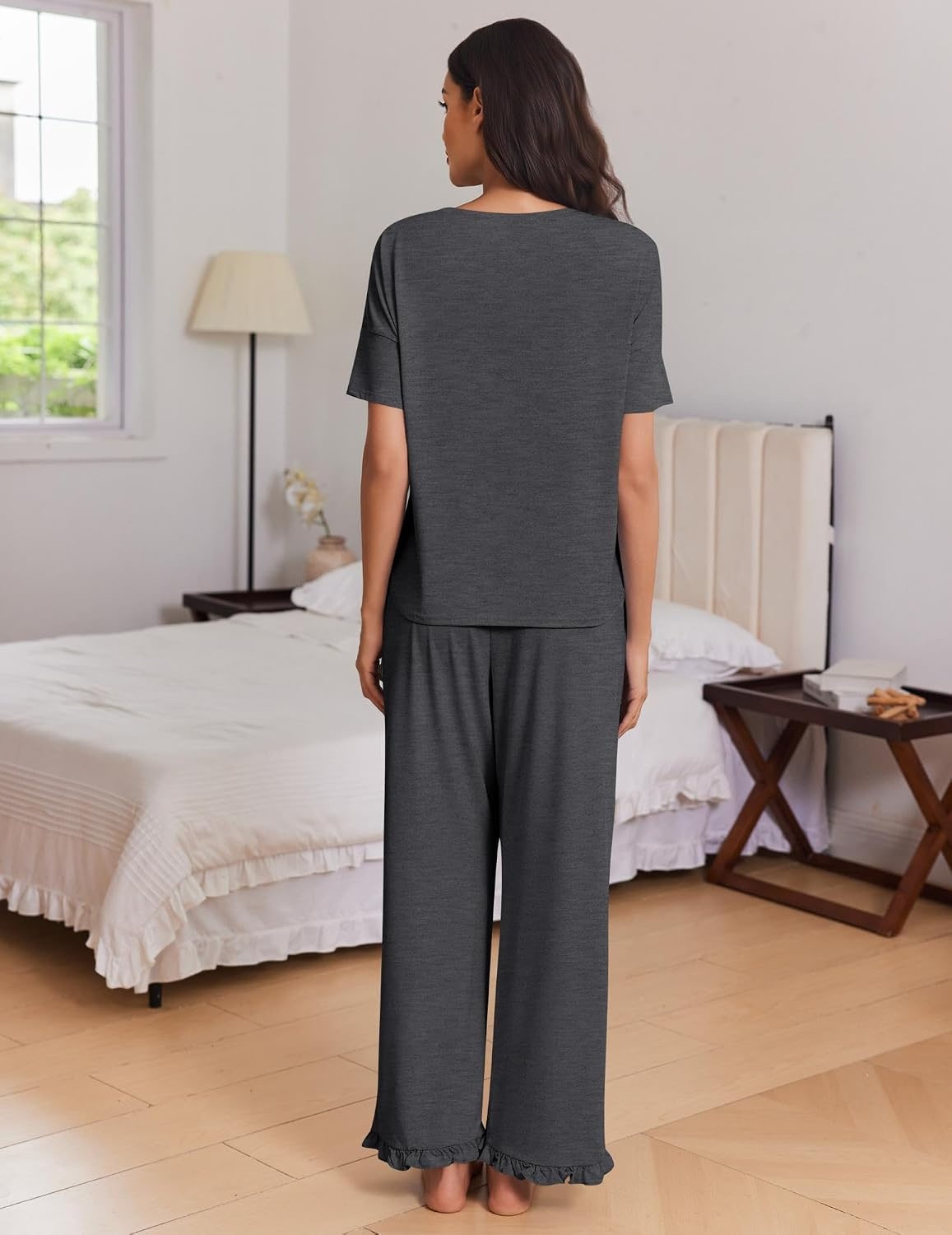 image:imageEkouaer Womens Pajama Set Bamboo Viscose Pj Short Sleeve 2 Piece Lounge SetDark Grey