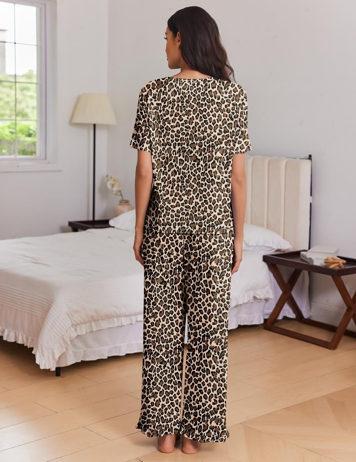 image:imageEkouaer Womens Pajama Set Bamboo Viscose Pj Short Sleeve 2 Piece Lounge SetLeopard