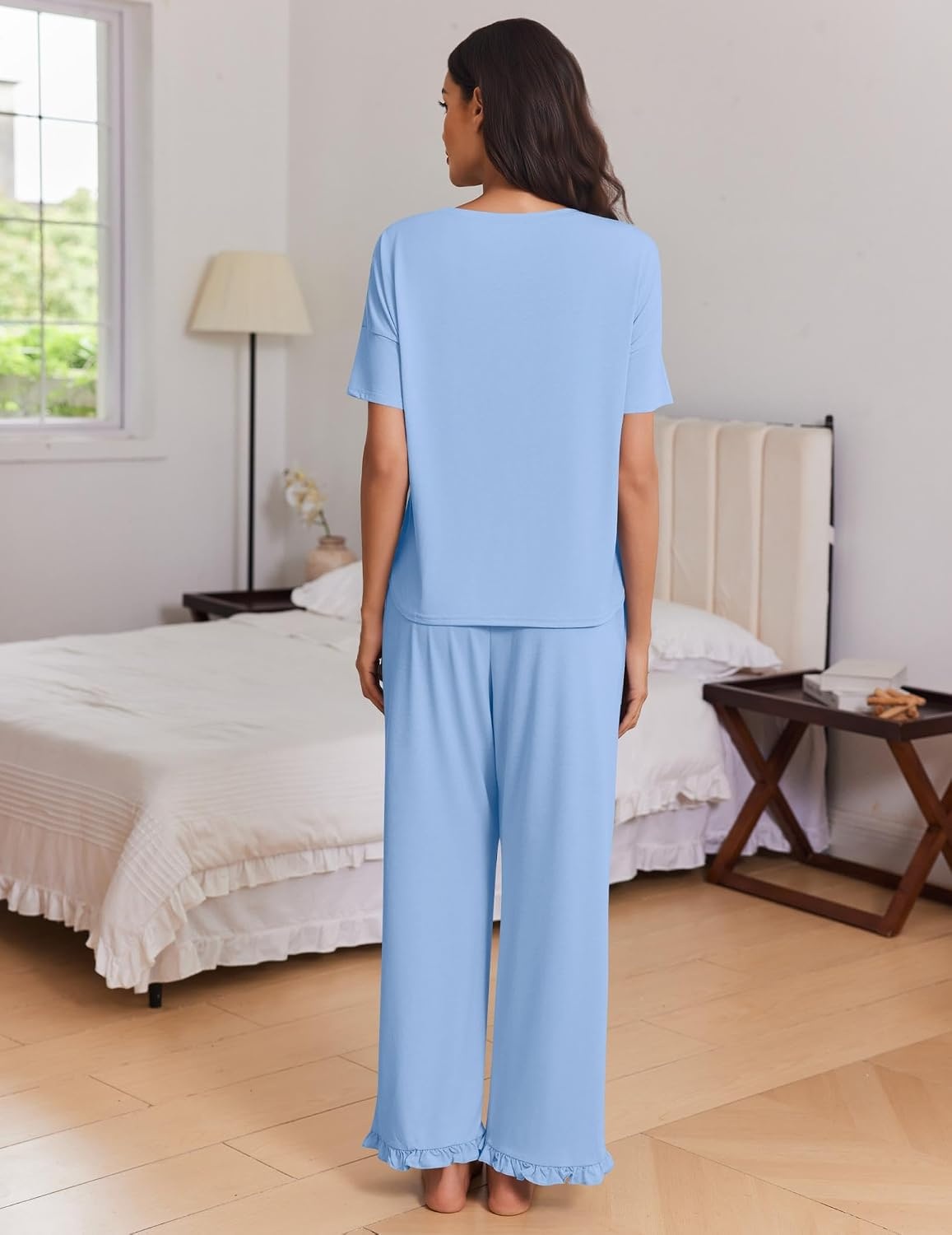 image:imageEkouaer Womens Pajama Set Bamboo Viscose Pj Short Sleeve 2 Piece Lounge SetLight Blue