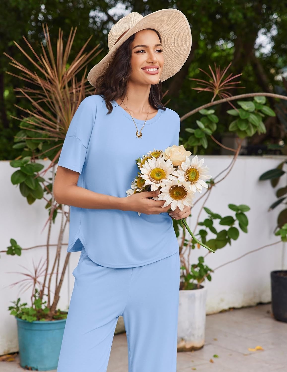image:imageEkouaer Womens Pajama Set Bamboo Viscose Pj Short Sleeve 2 Piece Lounge SetLight Blue