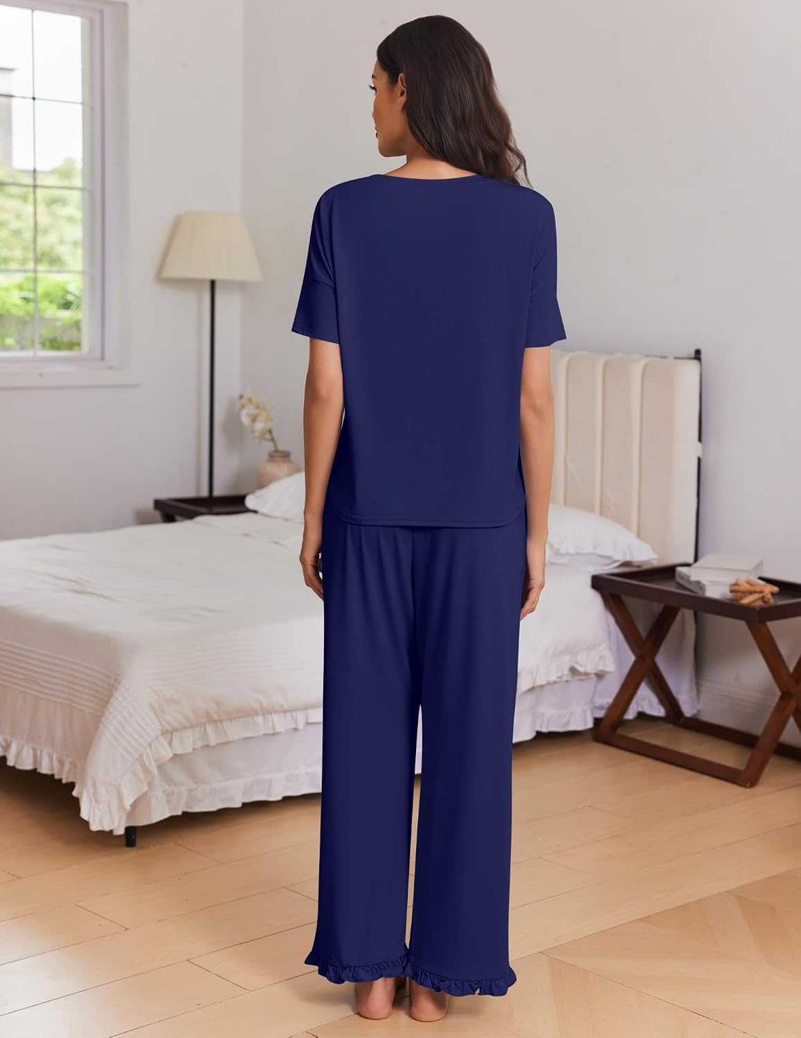 image:imageEkouaer Womens Pajama Set Bamboo Viscose Pj Short Sleeve 2 Piece Lounge SetNavy Blue