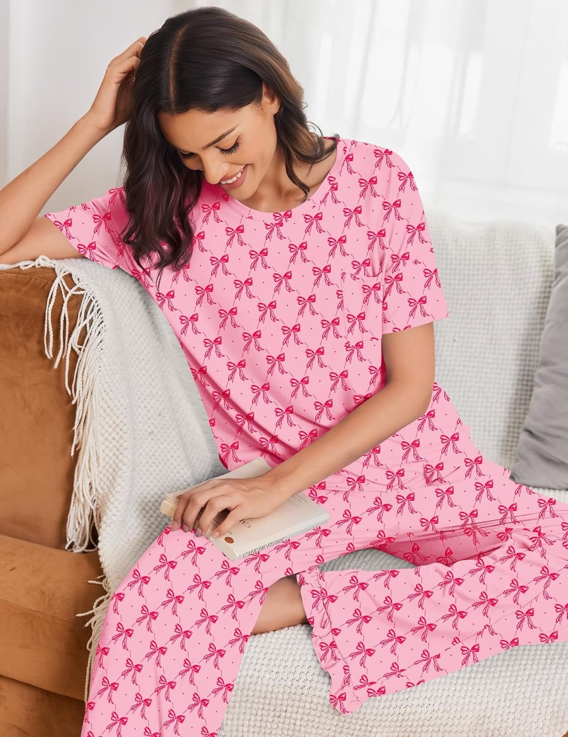 image:imageEkouaer Womens Pajama Set Bamboo Viscose Pj Short Sleeve 2 Piece Lounge SetPink Bow