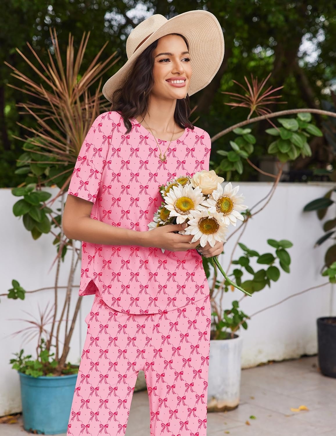 image:imageEkouaer Womens Pajama Set Bamboo Viscose Pj Short Sleeve 2 Piece Lounge SetPink Bow