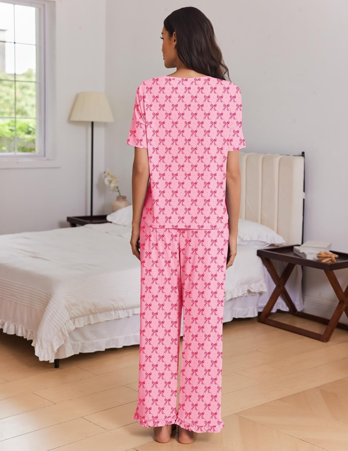 image:imageEkouaer Womens Pajama Set Bamboo Viscose Pj Short Sleeve 2 Piece Lounge SetPink Bow