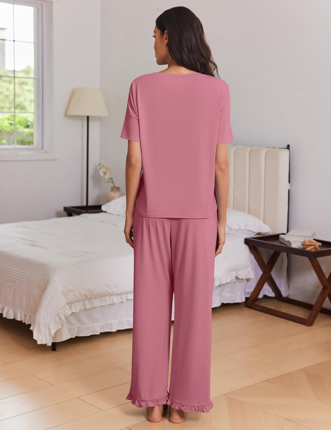 image:imageEkouaer Womens Pajama Set Bamboo Viscose Pj Short Sleeve 2 Piece Lounge SetPurple Red