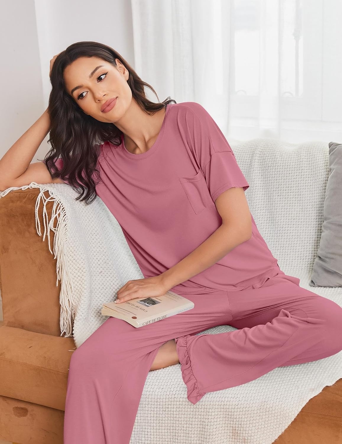 image:imageEkouaer Womens Pajama Set Bamboo Viscose Pj Short Sleeve 2 Piece Lounge SetPurple Red
