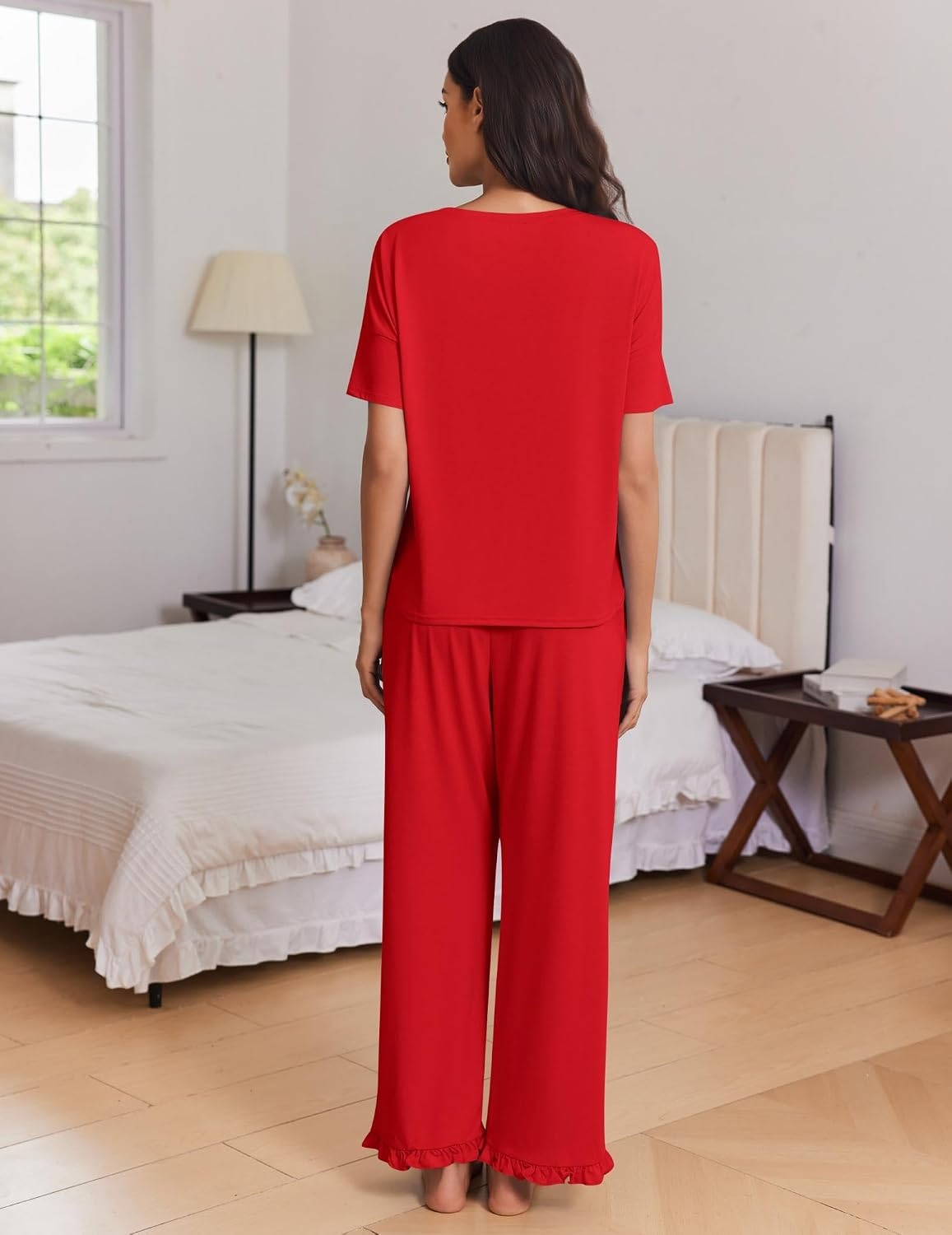 image:imageEkouaer Womens Pajama Set Bamboo Viscose Pj Short Sleeve 2 Piece Lounge SetRed